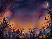 Spooky Halloween night scene with pumpkins, cemetery, bare trees and crescent moon creating atmospheric border frame for seasonal designs and decorations.