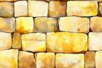 Watercolor stone wall pattern in warm yellow and brown tones, featuring rough textured blocks arranged in rustic masonry style. Seamless repeat for backgrounds.
