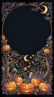 Ornate Halloween frame with jack-o-lanterns, bats, moons, stars, haunted house, and decorative gold scrollwork on dark background. Isolated design ready for invitations, posters, and seasonal graphics.