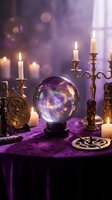 Mystical fortune telling setup with crystal ball, candles, and occult symbols on purple velvet table creating atmospheric divination scene for spiritual content.