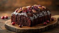 Chocolate loaf cake topped with dark chocolate ganache, fresh cranberries and pecans on rustic wooden board. Rich dessert with festive holiday garnish.