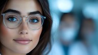 Young Hispanic woman wearing transparent glasses with soft bokeh background, natural makeup and gentle smile looking directly at camera. Professional office portrait.