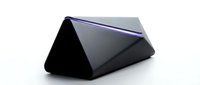 Modern black geometric speaker with sleek triangular design and glossy finish, isolated on white background for tech product presentations and audio equipment marketing.