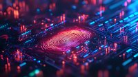 Glowing digital fingerprint scan on circuit board with neon red and blue lights, cybersecurity concept showing biometric authentication technology in futuristic style.