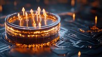 Glowing arrows rise from illuminated circuit ring on dark motherboard background, symbolizing digital transformation and technological advancement.