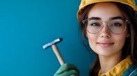 Young female construction worker wearing yellow hard hat, safety glasses and gloves holds hammer against blue background, smiling confidently at camera.