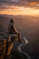 Young man sitting on cliff edge overlooking mountain valley at golden hour sunset. Contemplative hiker enjoying peaceful moment during outdoor adventure.