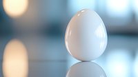 Single white egg standing upright on reflective surface against soft bokeh background in blue tones, minimalist composition highlighting purity and simplicity.