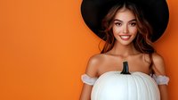 Young woman in black hat and white off-shoulder top holding large white decorative pumpkin, posing against vibrant orange background. Autumn seasonal portrait with warm lighting.