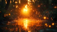 Magical forest lake at night with glowing fireflies and golden light reflection on water surface creating ethereal atmosphere. Natural bokeh effect adds dreamy mood.