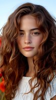 Young woman with long wavy brown hair and natural makeup in soft sunlight for beauty and lifestyle content.