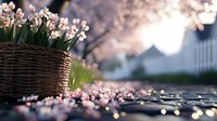 Delicate white daffodils in woven basket with scattered cherry blossom petals on ground, creating dreamy spring atmosphere with soft bokeh light effects.