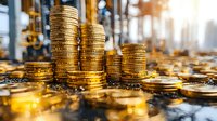 Stacks of golden coins creating ascending chart formation with warm sunlight and blurred background, representing financial growth and investment success.