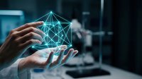 Hand holding glowing digital network wireframe structure, representing data connectivity, artificial intelligence, and technology innovation in modern business environment.