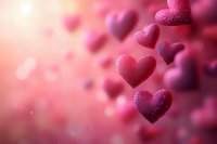 Pink glittery hearts floating on blurred romantic background with bokeh effect and soft focus. Valentines day celebration concept for greeting cards and love designs.
