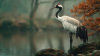 Elegant common crane standing on mossy rock by misty lake with autumn foliage in background, creating serene wildlife scene.