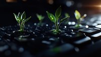 Green sprouts growing through computer keyboard keys in dark environment with bokeh lights, symbolizing digital transformation and sustainable technology growth.
