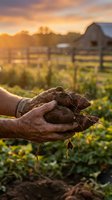 Farmer holding freshly harvested root vegetable with soil in hands at sunrise over cultivated field and barn.