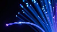 Blue and purple fiber optic cables with glowing light transmission for technology and telecommunications network infrastructure concepts.