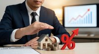 Professional businessman in dark suit protecting miniature house model with hand gesture while red percentage symbol with upward arrow indicates rising interest rates in modern office setting with financial growth chart displayed on monitor in background.