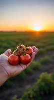 Fresh ripe tomatoes held in farmer's hand at sunset over agricultural field showcasing organic harvest and sustainable farming practices.