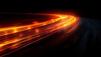 Glowing orange light trails curve along dark background creating dynamic motion effect, energy streams and speed concept for technology and future designs.