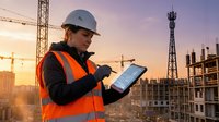 Young male construction worker in safety helmet and orange vest using tablet on urban building site at sunset for project management and industrial technology.