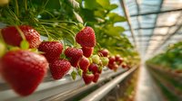 Fresh ripe strawberries growing in modern greenhouse hydroponic system with green leaves and white flowers for organic farming and agriculture production.