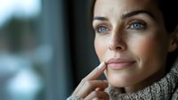 Woman with blue eyes and dark hair, appearing thoughtful while touching her face, wearing a cozy knit sweater indoors near a window with blurred background.