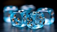 Translucent blue dice with golden dots arranged on dark reflective surface, creating dramatic lighting and depth effect for gaming and casino concepts.