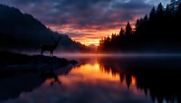 Silhouette of lone wolf at misty lake during dramatic sunset, with forest reflection in calm water and vibrant orange sky creating mystical atmosphere.