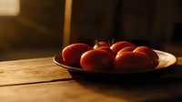 Fresh ripe red tomatoes on ceramic plate against wooden table in warm sunlight, moody dark background creates rustic kitchen atmosphere.