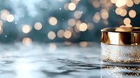 Luxury cosmetic cream jar with golden lid on reflective surface against blurred bokeh lights background, elegant skincare product presentation.