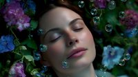 Young woman with closed eyes surrounded by delicate soap bubbles and blooming hydrangea flowers in dreamy garden setting, expressing serenity and natural beauty.