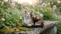 Tabby and white cat resting on moss-covered log in blooming flower garden during golden hour sunlight.