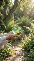Hand holding heart-shaped leaf in lush garden with ferns and sunlight, symbolizing environmental care and nature conservation for eco-friendly concepts.