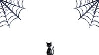 Black cat silhouette sitting beneath spider webs on white background, isolated clipart for Halloween designs, greeting cards, and seasonal decorations.