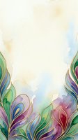 Watercolor floral border with peacock feather motifs in purple, green, and blue tones on cream background. Isolated design element suitable for invitations, cards, and stationery projects.