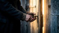 Person in dark clothing opening wooden door with warm light streaming through, creating dramatic atmosphere for mystery and suspense themes.