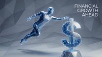 Futuristic businessman running toward glowing dollar sign symbol representing financial growth and success in digital economy with geometric background.