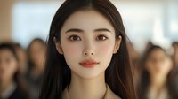 Young Asian woman with long dark hair and natural makeup looking directly at camera against blurred crowd background. Professional portrait for business or beauty.
