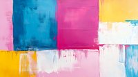 Vibrant abstract composition featuring bold blocks of pink, blue, yellow and white colors with textured brush strokes and paint drips creating modern minimalist wall art.
