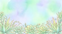 Watercolor succulents border with pastel green and purple background, delicate botanical illustration for cards, banners, and social media.
