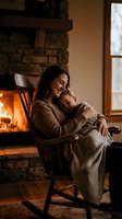 Young mother holding sleeping baby in cozy living room with fireplace. Woman in knit sweater sitting on rocking chair creating warm family moment at home.
