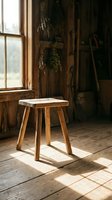 Wooden stool in rustic interior with dried herbs hanging on wall near window, sunlight streaming through glass, vintage farmhouse aesthetic.