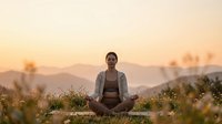 Young African American woman practicing yoga meditation outdoors at sunset in peaceful natural setting with mountains and wildflowers for wellness lifestyle.