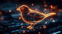 Glowing neon bird silhouette with orange light trails and blue digital pattern elements against dark background with bokeh particles and sparkles.