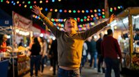 Young Asian woman celebrating with raised arms at vibrant night market with colorful string lights and food stalls creating festive atmosphere.