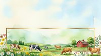 Pastoral farm scene with grazing cattle, red barn, and wildflowers in countryside landscape. Watercolor illustration suitable for agricultural, rural, and nature-themed designs.