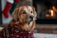 Golden retriever wearing red holiday sweater near fireplace and Christmas stockings, cozy winter atmosphere with warm lighting and festive home decor.